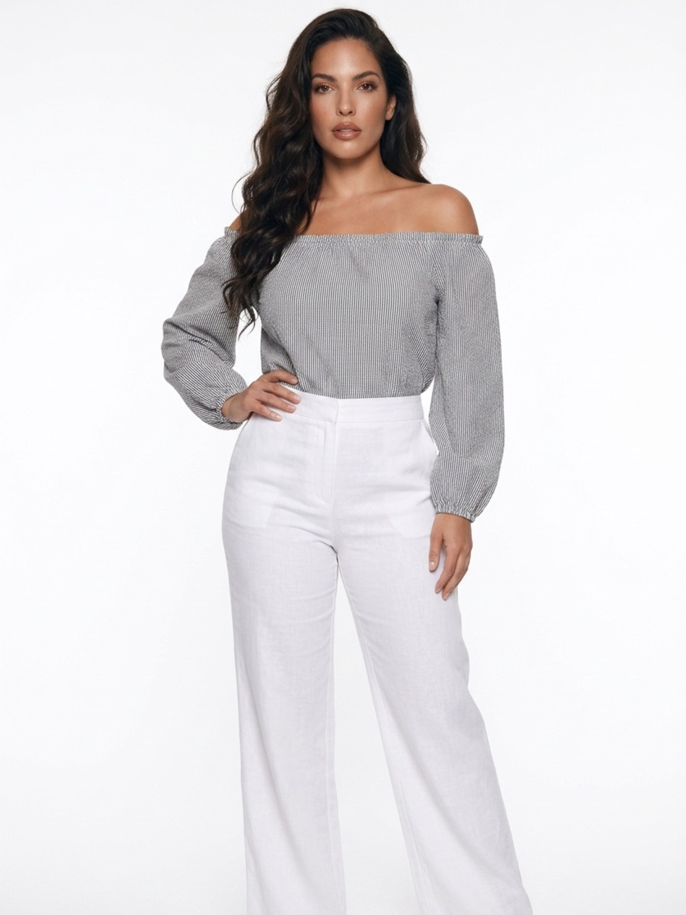 Brandy Melville Black & White Pinstripe Off-the-Shoulder Top